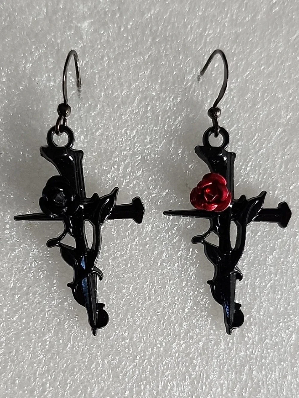 Hand Crafted Black Cross Earrings with Red Rose Accent